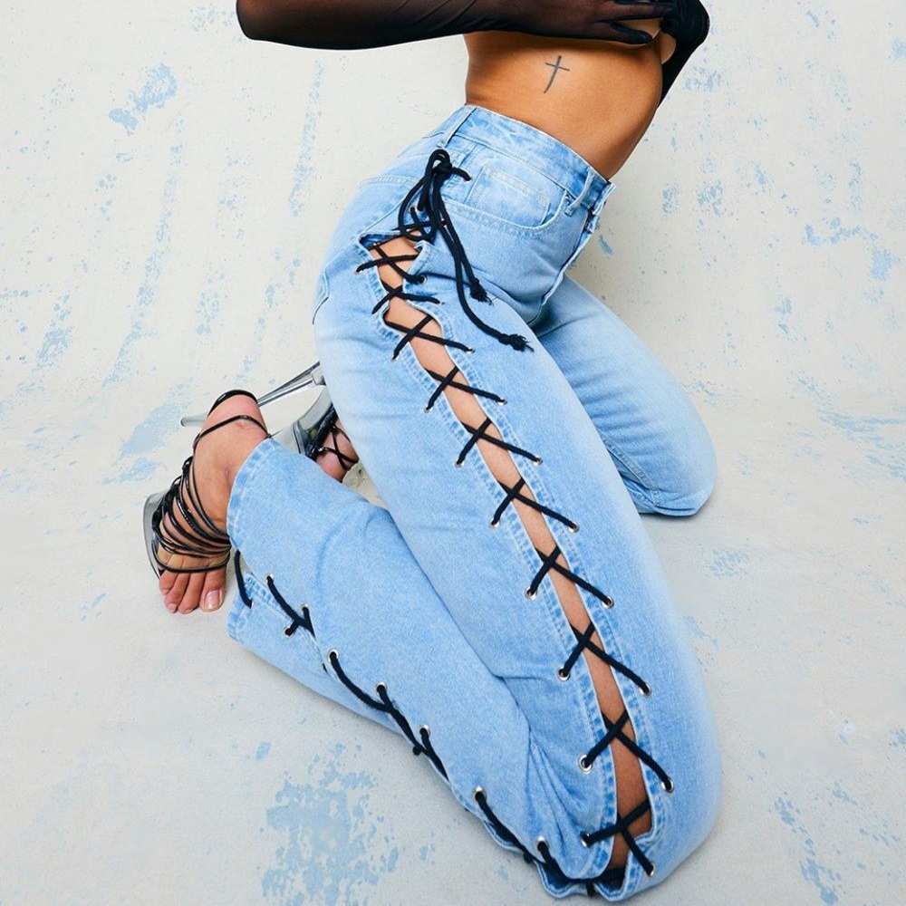 NWT Boohoo High Waist Lace Up Boyfriend Jeans